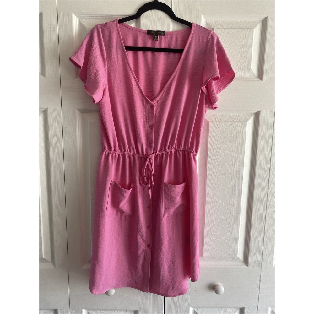 Lexington Avenue Button Front Mini Dress Womens Size‎ M Pink Flutter Sleeve Poly